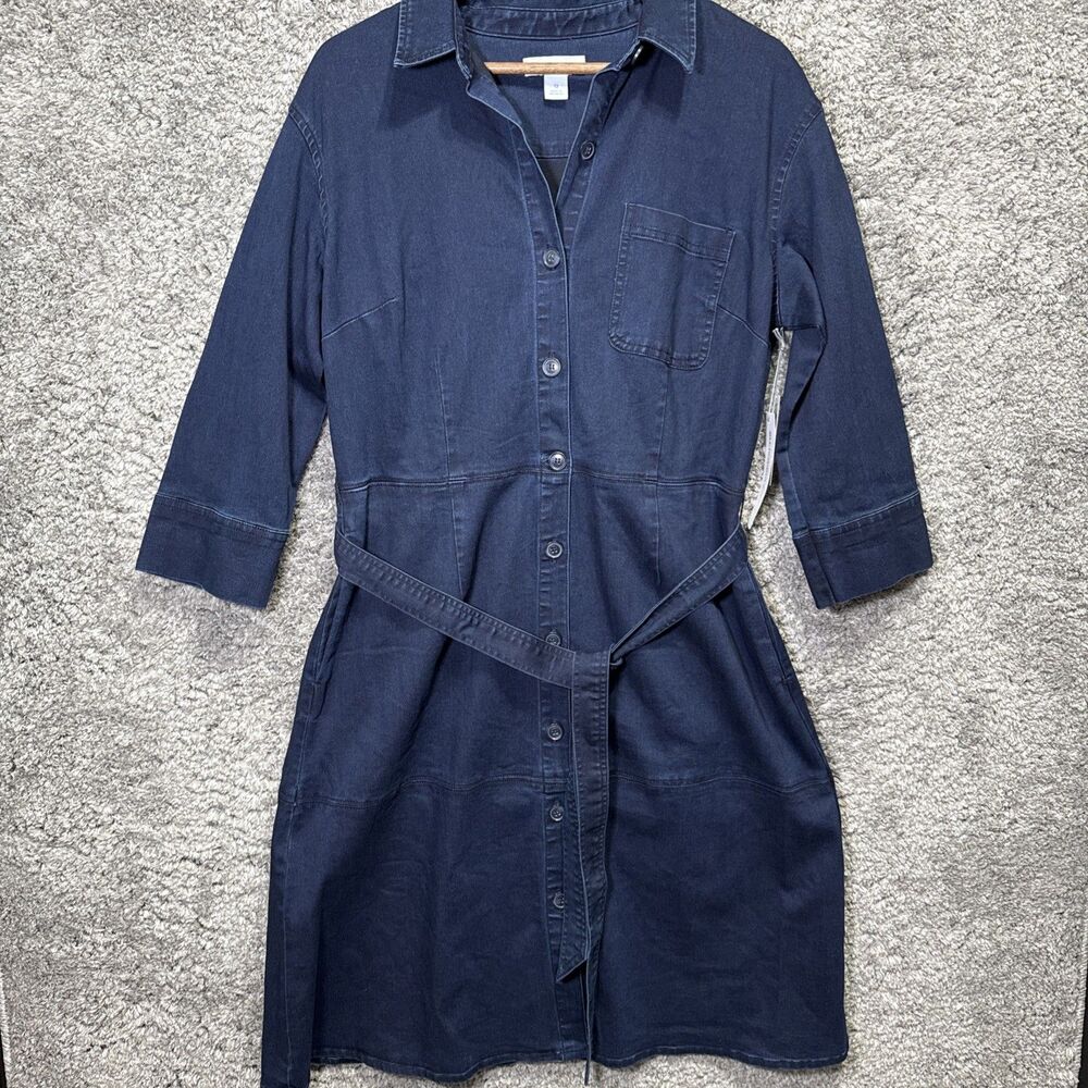 NWT Liz Claiborne Denim Shirt Dress Collared 12 Dark Wash 3/4 Sleeve Tie Midi